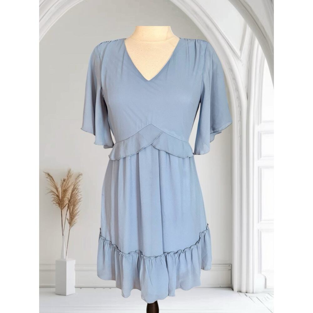 Manydress Ruffled Flutter Sleeve Dress Sz S Lined‎ Crepe Sage Blue Packable Boho